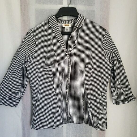 Talbots Womens Long Sleeve Shirt Size 12 Blouse Black White Checkered Non-iron - Picture 1 of 10
